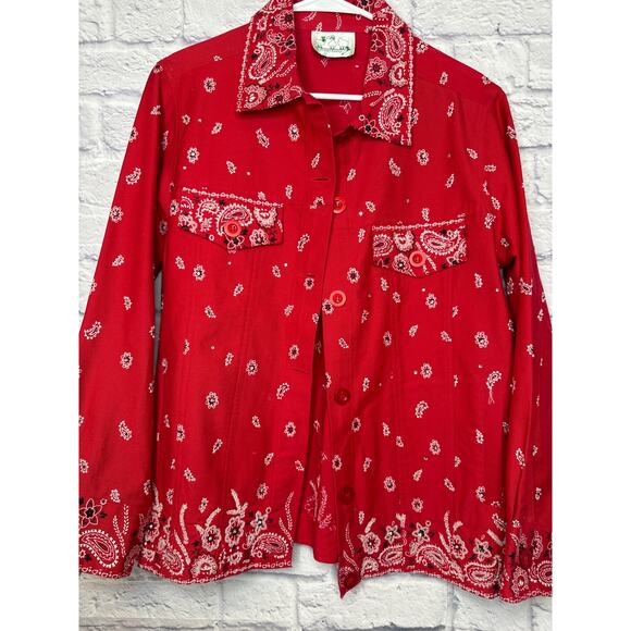 Quacker Factory Red Denim Cotton Bandana Western Print Jacket Beaded Sparkle LG - Picture 1 of 4